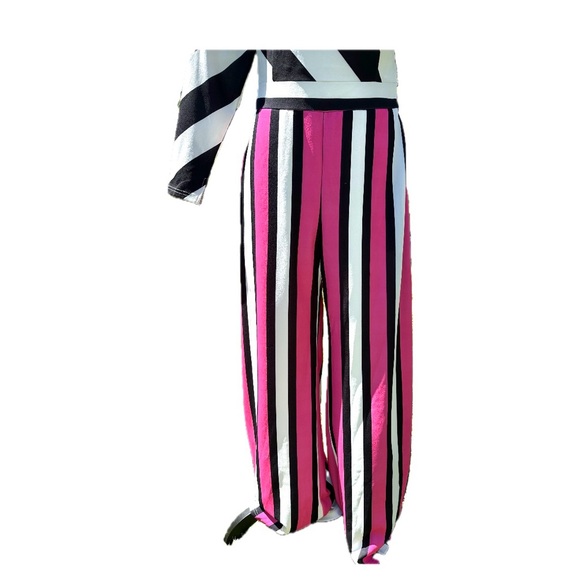 NY & C O striped one shoulder jumpsuit, blk/wht & hot pink, size medium wide leg - Picture 2 of 11